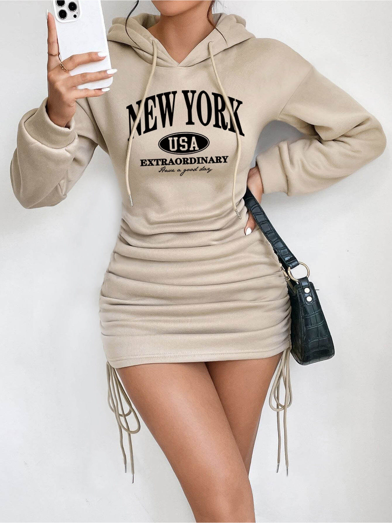 Women's Rest Elegant Hooded Strap Long Sleeve Letter Printed Solid Color Waist S