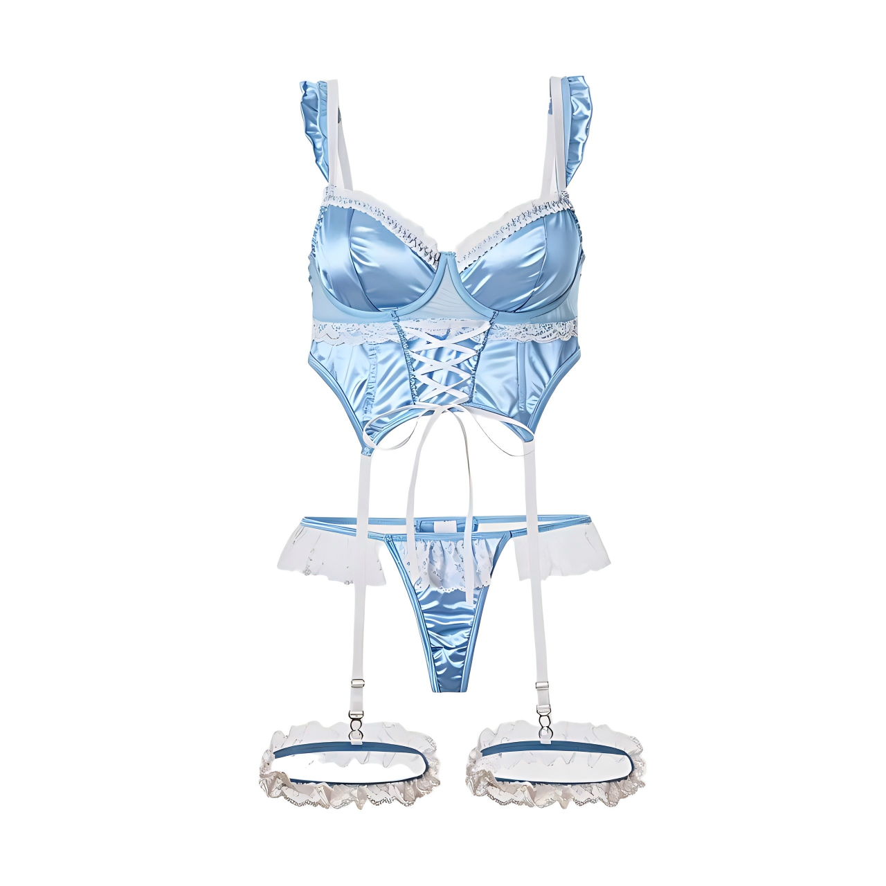 Women's Lingerie Set Sweetheart Satin Jacquard Lace Patchwork Tie-Up Ruffle Trim