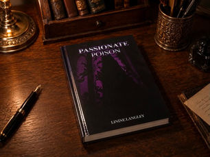 The book Passionate Poison on a desk with a pen