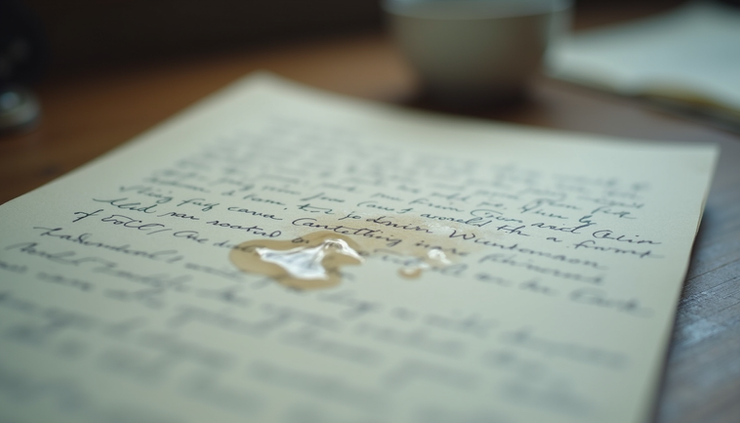 Close-up view of a handwritten letter with a tear stain on the paper