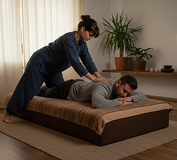 Firefly_ lady working shiatsu therapy to men customer wearing clothes on a massage bed