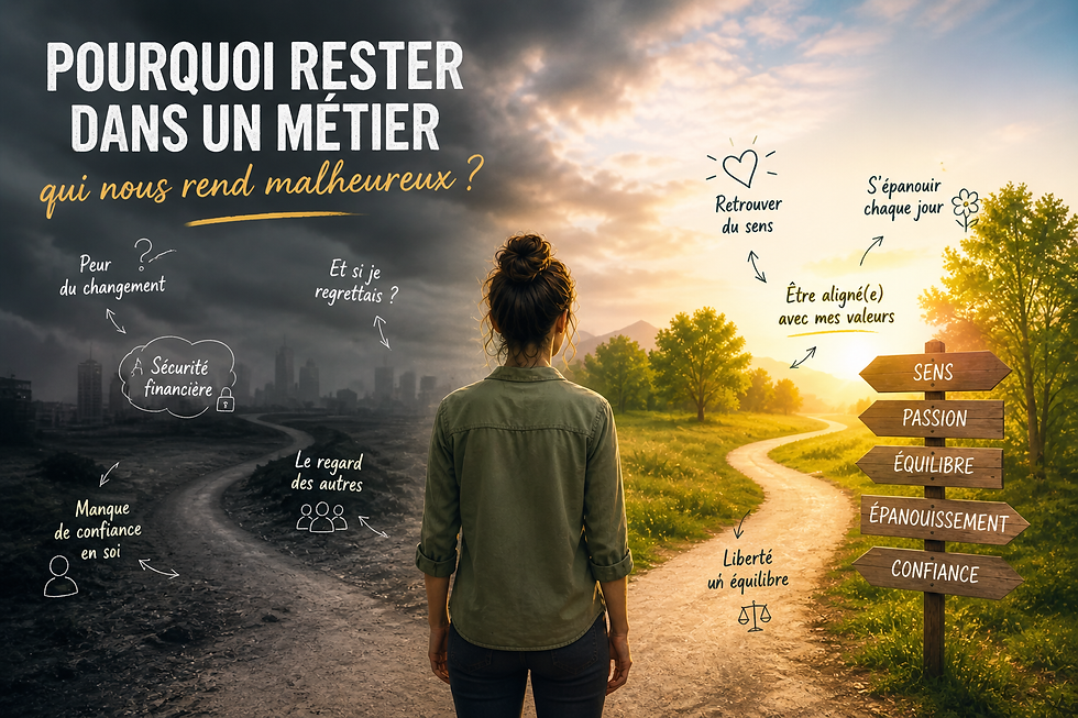 Femme de dos face à deux chemins, ciel orageux à gauche, clair à droite. Panneau indique "sens", "passion". Texte introspectif en français.