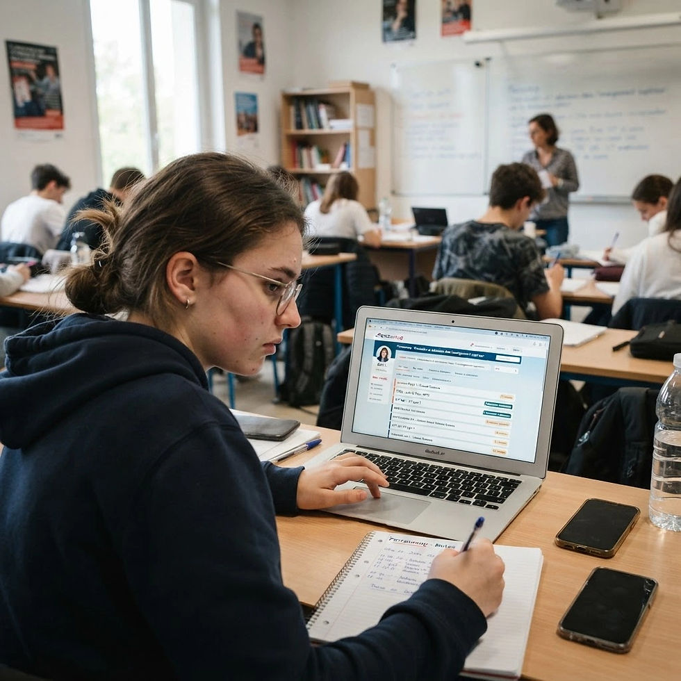 Lycéenne préparant ses vœux Parcoursup sur ordinateur portable en classe, stress de l'orientation post-bac