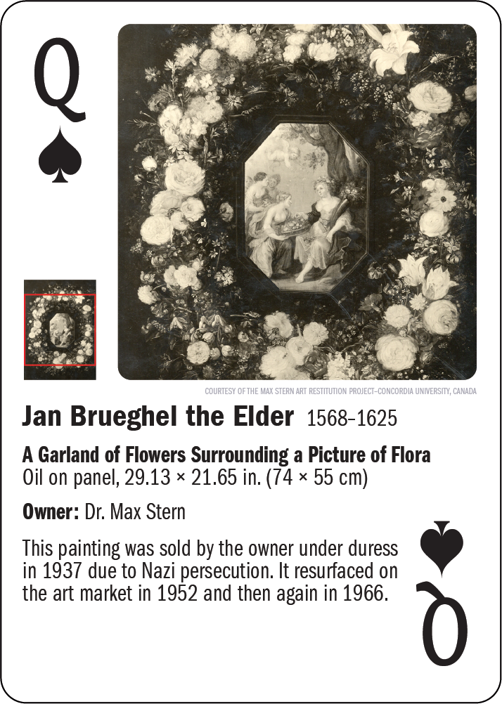 Queen of Spades card featuring "A Garland of Flowers Surrounding a Picture of Flora" by Jan Brueghel. Includes historical text details.