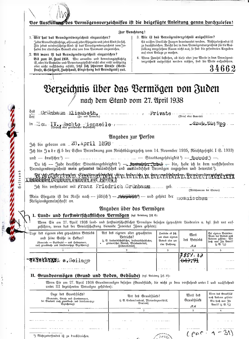Document titled "Verzeichnis über das Vermögen von Juden" dated April 27, 1938. Includes personal details, a red cord, and financial info.