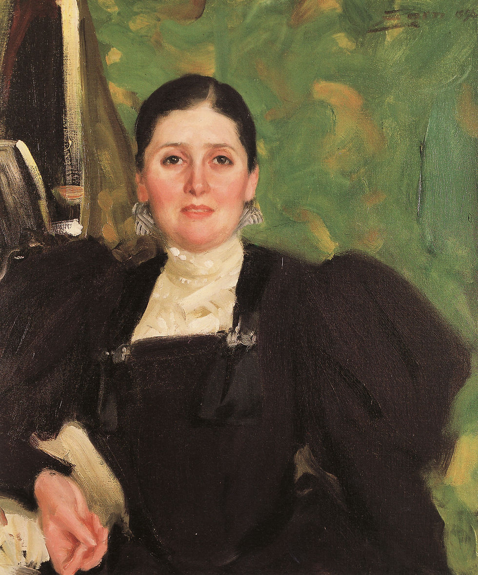 Portrait of a woman in a dark dress with puffed sleeves, sitting in front of a green abstract background. She appears calm and composed.