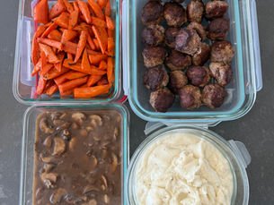 Components for Salisbury-style meatballs: baked meatballs, mushroom-Dijon gravy, roasted carrots and mashed cauliflower and parsnips in separate containers