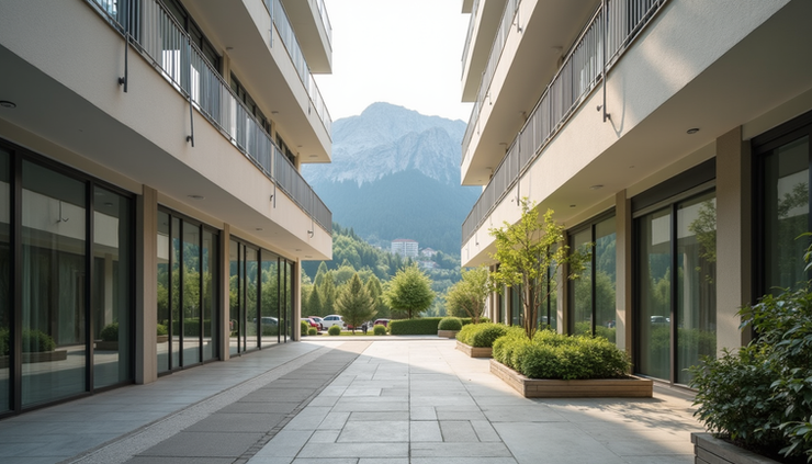 Vista a livello occhi di un edificio residenziale ben mantenuto a Bolzano con aree comuni pulite