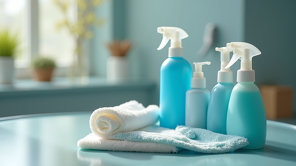 Close-up of professional cleaning equipment and eco-friendly products