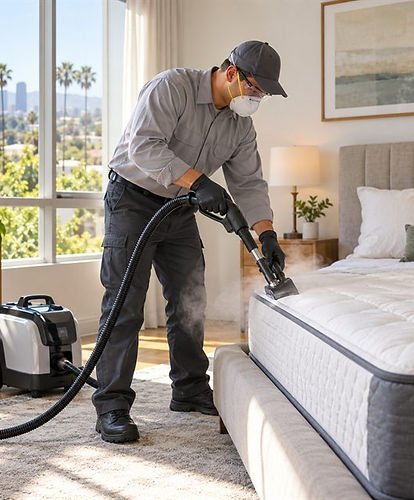 Pest control technician wearing protective gear steam-cleaning a mattress with specialized equipment during pest control services near me