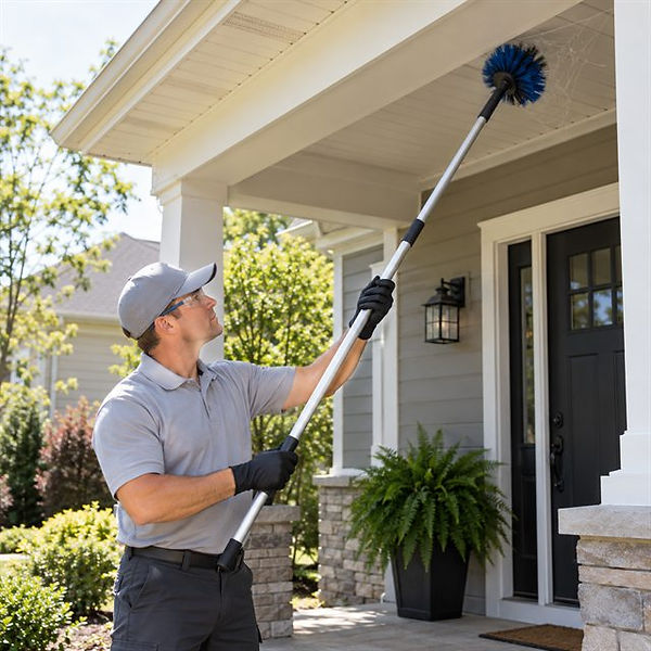 Pest control technician using an extendable brush to remove spider webs from a home's front porch ceiling during spider removal services in San Francisco, CA