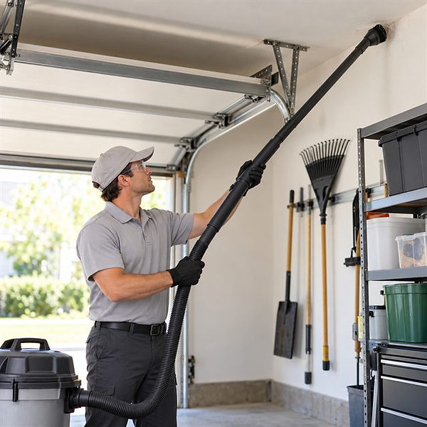 Pest control technician using an extended vacuum attachment to remove spider webs from a garage ceiling corner during spider removal services near me