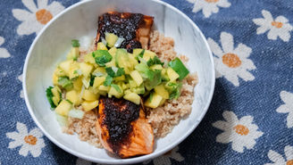 BBQ Salmon Bowls + Christmas Bingo Cards