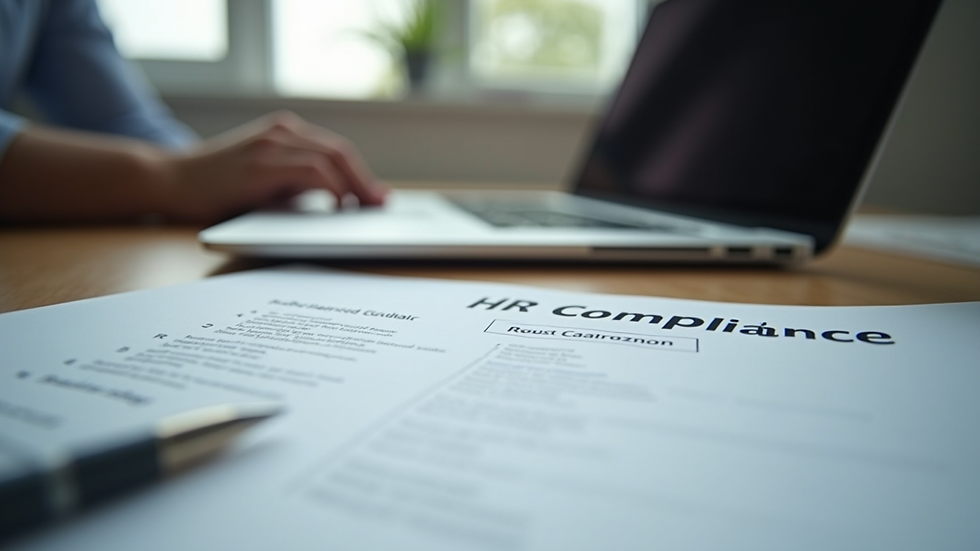 Eye-level view of office desk with HR compliance documents and laptop