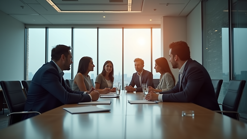 Eye-level view of a business team discussing growth strategies around a conference table