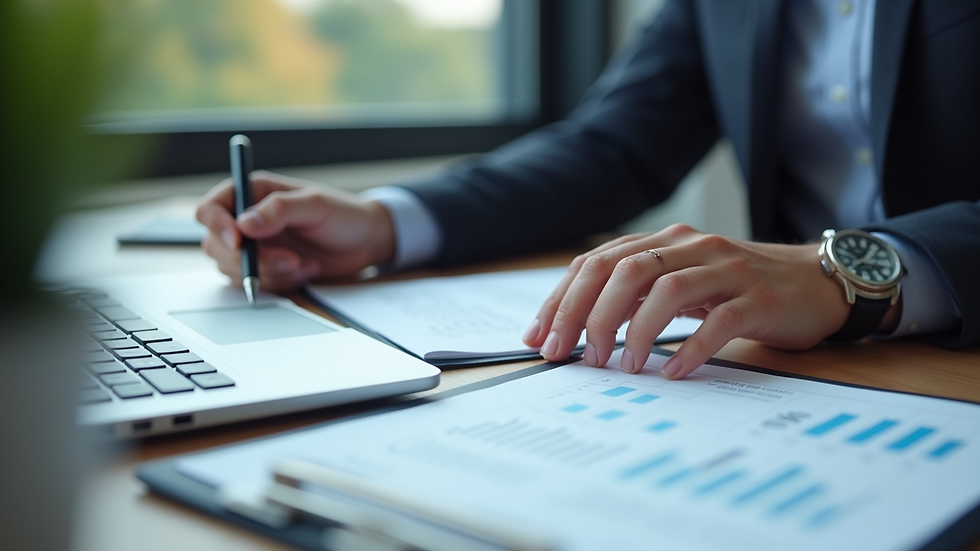 Close-up view of HR manager reviewing employee files
