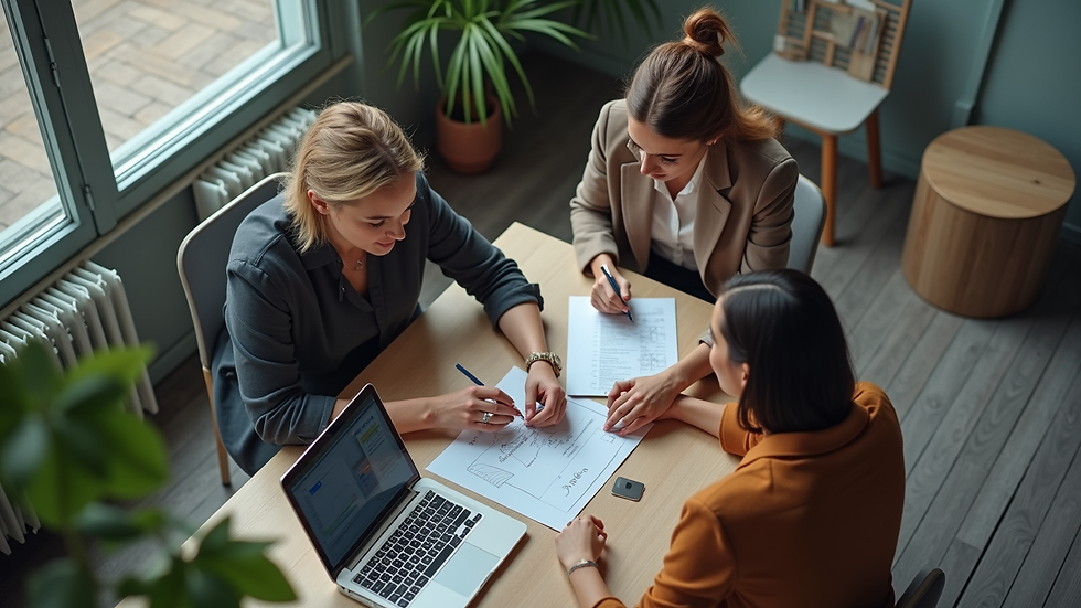 High angle view of a small business team collaborating around a laptop