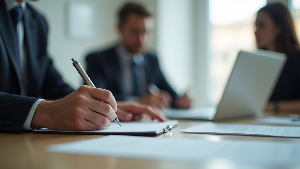Close-up view of a manager taking notes during an HR compliance training session