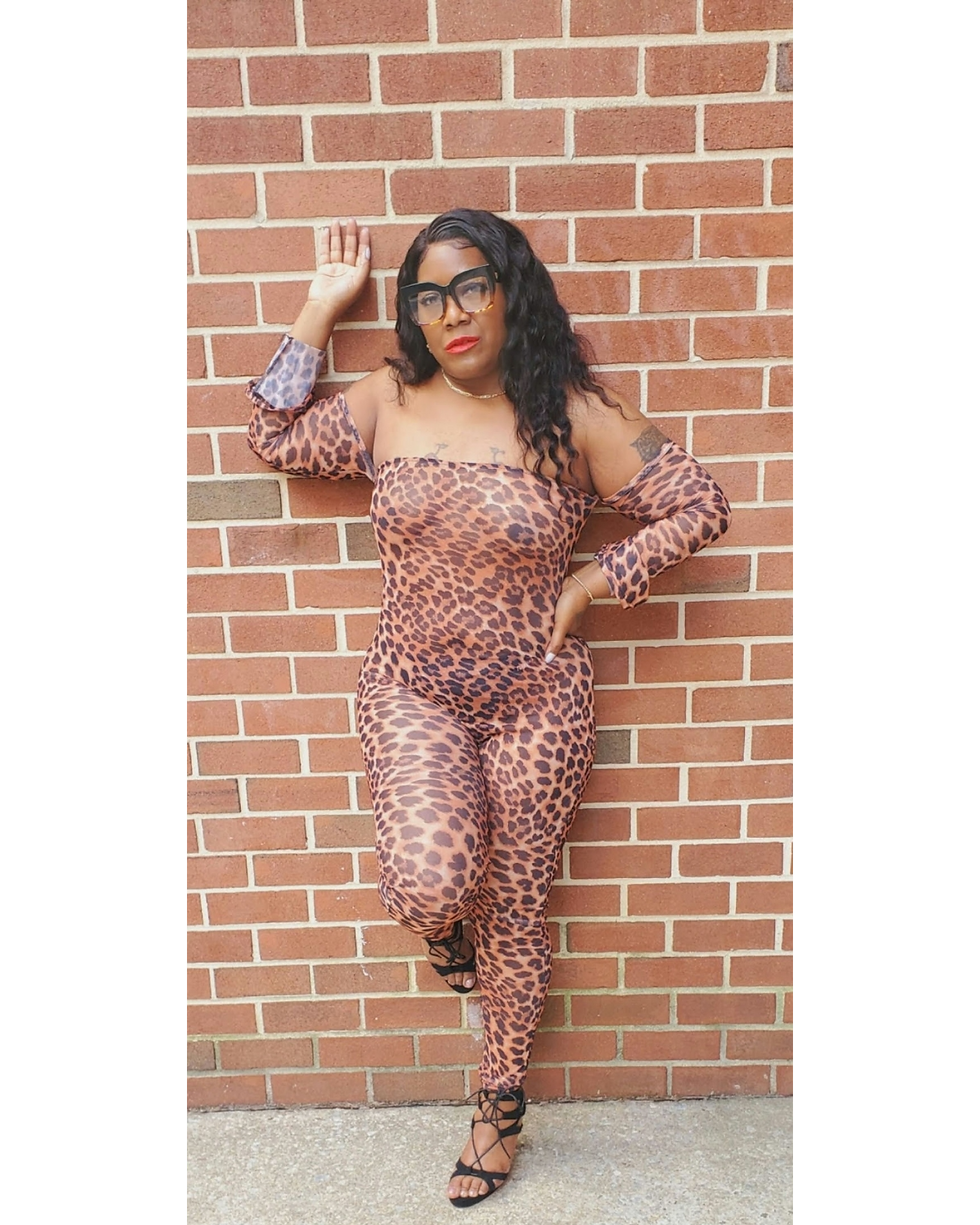Thumbnail: Leopard Print Mesh, Off Shoulder See Through Bodycon Jumpsuit 