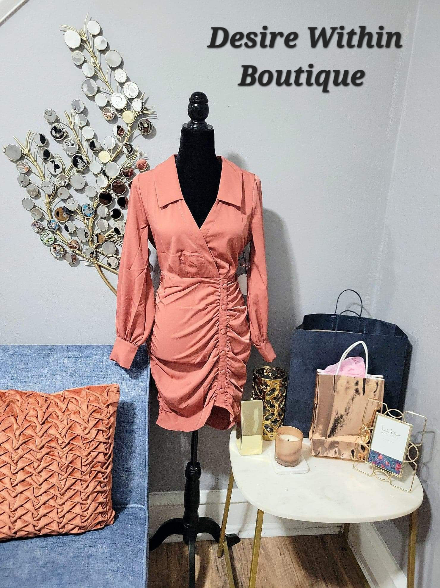 Nina Button Down Long Sleeve Ruched Dress