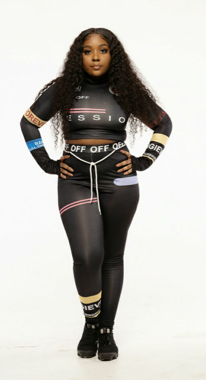 Mock Neck Letter Print Black Skinny Woman Set