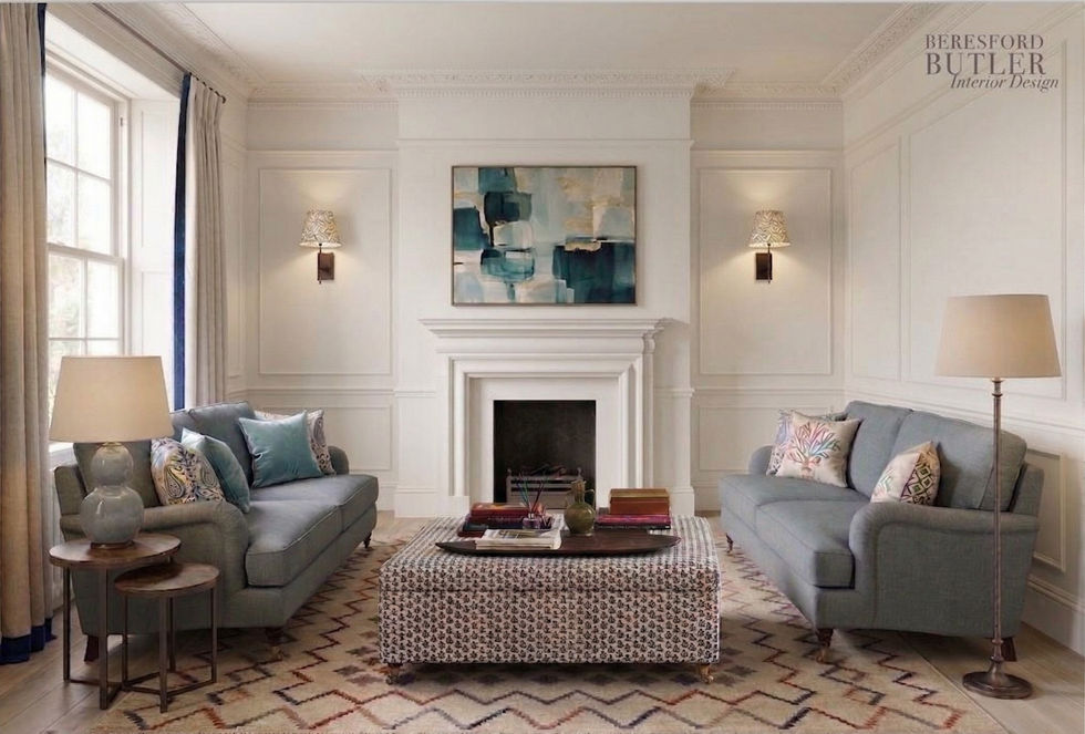 Elegant living room with sofas and abstract art.