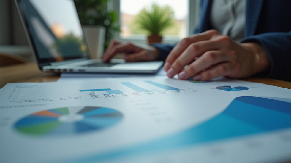 Close-up view of a marketing professional reviewing social media campaign reports