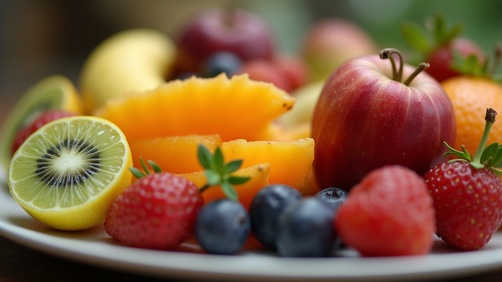 Close-up view of a colorful fruit platter with various fruits