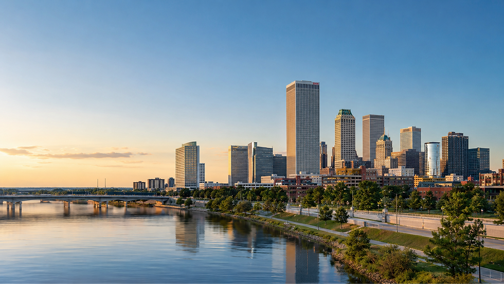 Downtown Tulsa, Oklahoma skyline along the Arkansas River — CYA Insurance Agency serving the Tulsa metro and Green Country by phone and video