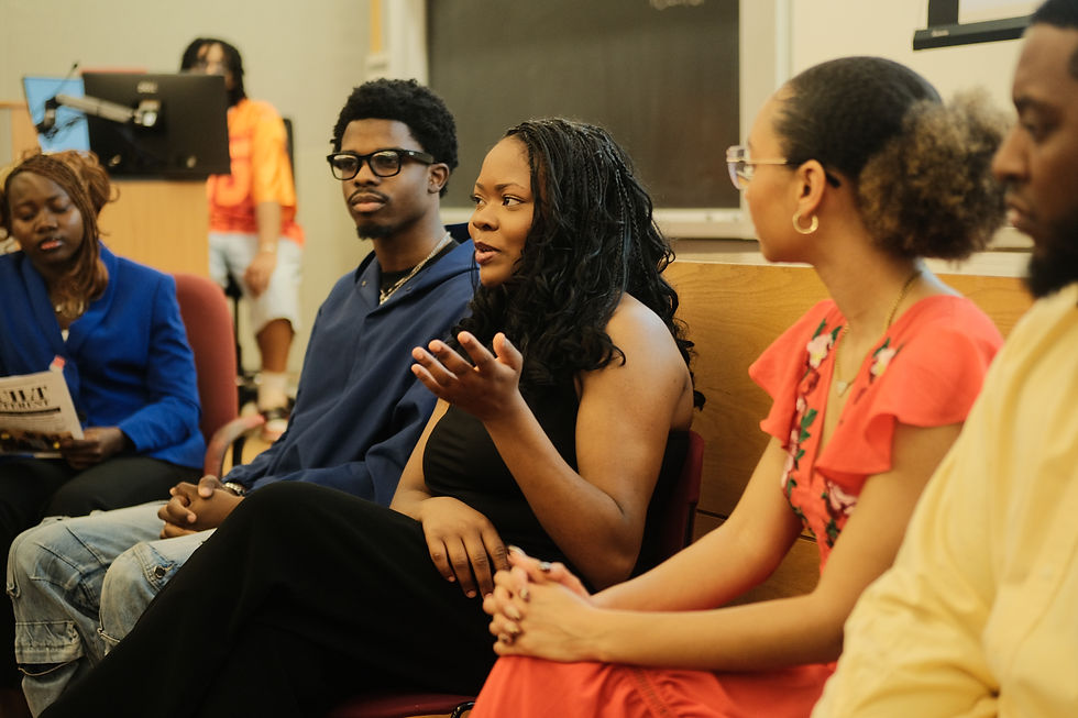 (Left to right) Theodora Hoegah, Darion Cotton on slides, Godard Aristil, Laila Hoff, Anya Dillard, and Justis Pitt Goodson | Photographed by Zion Laster on April 1, 2026