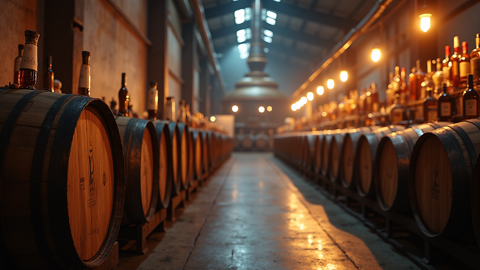 Eye-level view of a vibrant distillery showcasing barrels and bottles