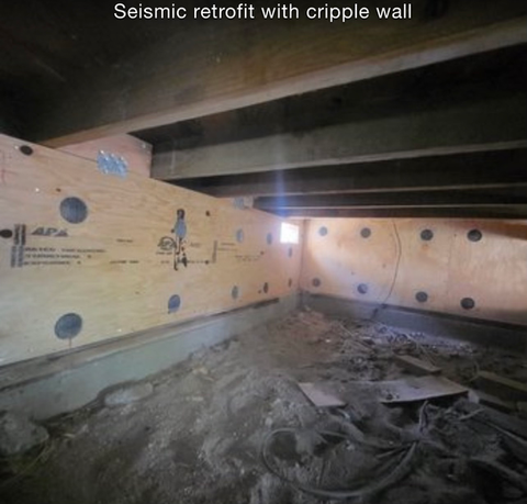 Seismic retrofit performed by reinforcing cripple walls to improve earthquake resistance.