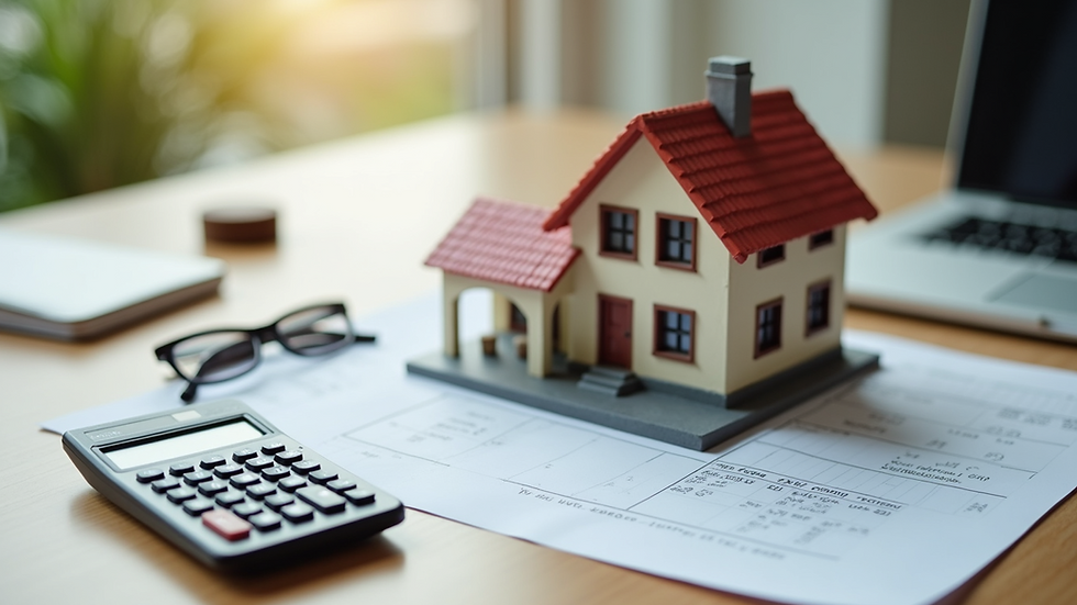 High angle view of a home renovation cost calculator and house model on a desk