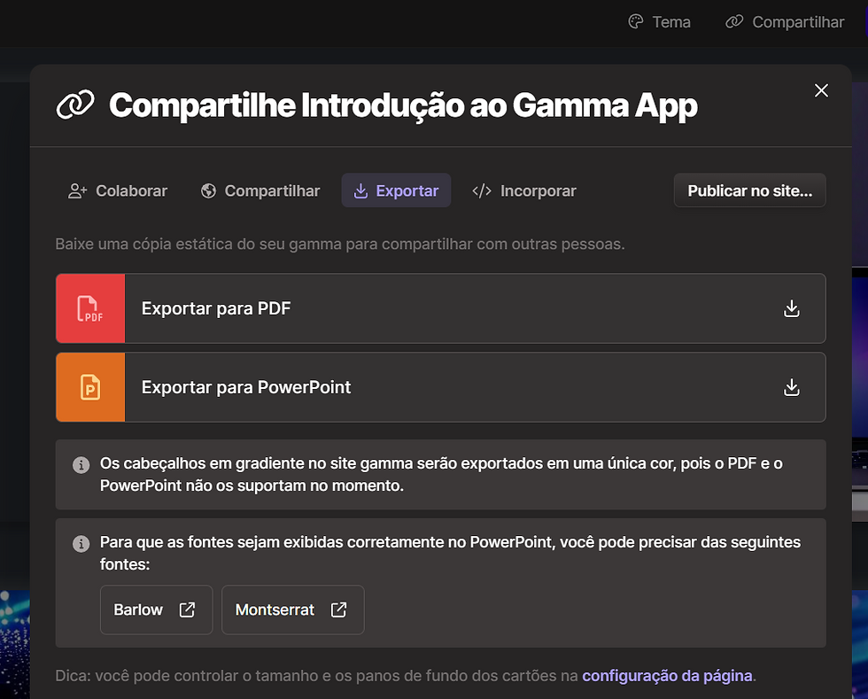 tela de exportação de apresentação no Gamma App