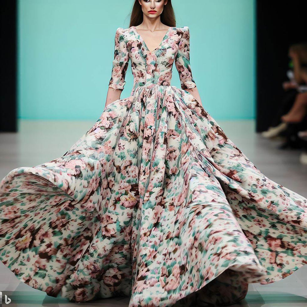 Um vestido longo e elegante com uma saia volumosa e estampado com flores feito com IA da Dall-E