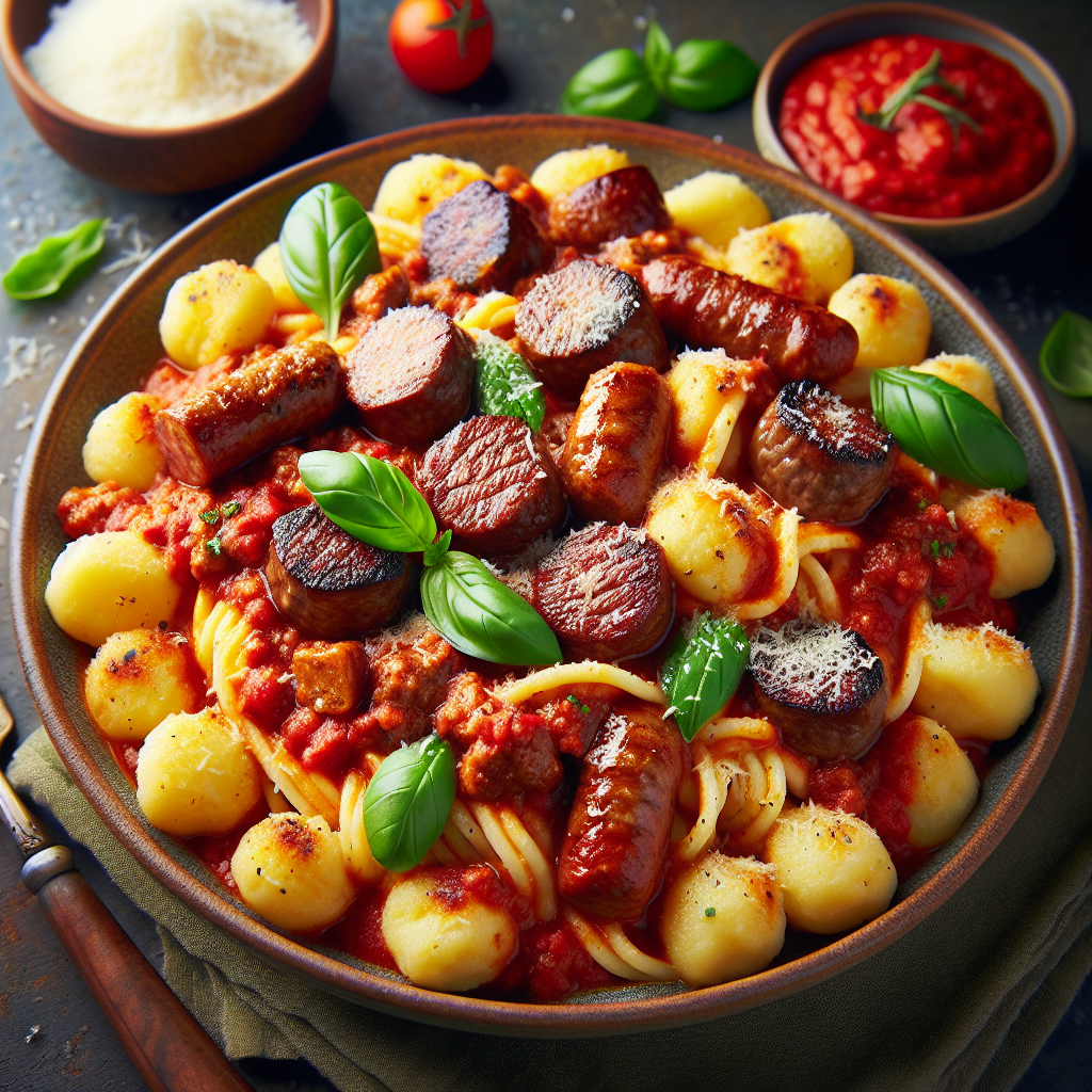 Nhoque à Bolonhesa com Linguiça e Filé Mignon