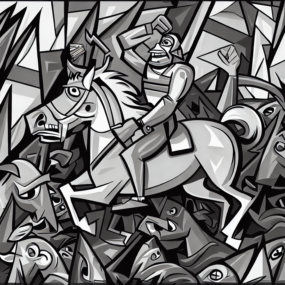Prompt Faça uma ilustração de "Guernica" de Pablo Picasso em estilo de história em quadrinhos.