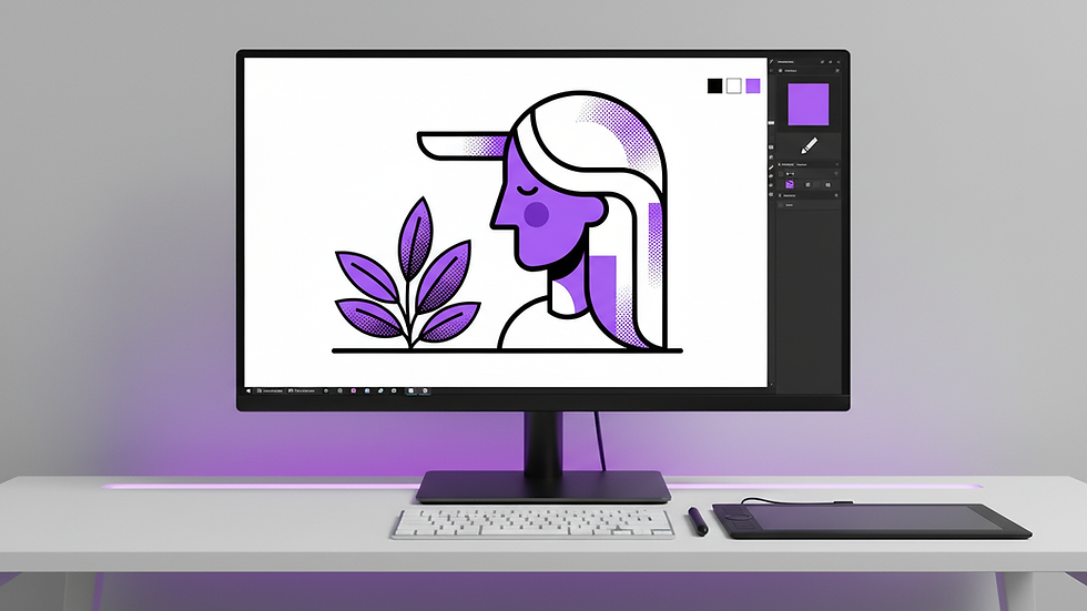Eye-level view of a computer screen showing digital art creation