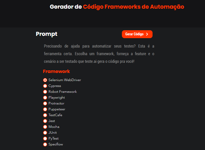 Gerador de codigo para frameworks de automação de testes