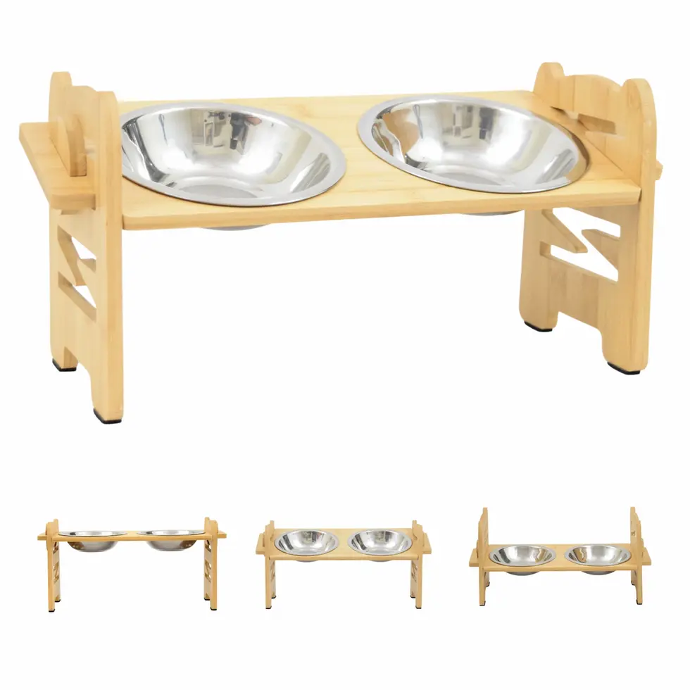 Bamboo wood feeder with 2 steel bowls for cats and small dogs adjustable angle