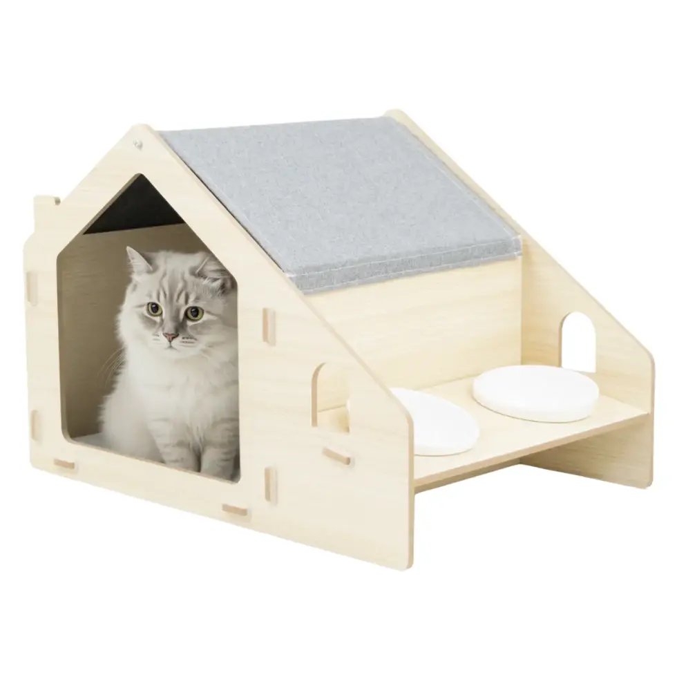 Furryliving Lara cat dog house kitten wooden diy playing lounging feeder elevated diner