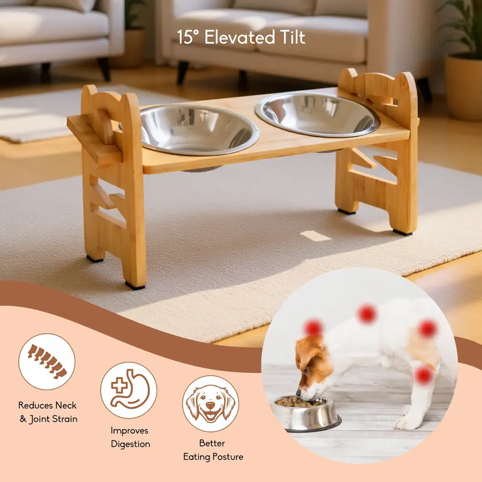 Bamboo wood feeder with 2 steel bowls for cats and small dogs adjustable angle