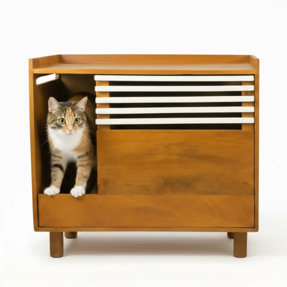 Lulu Cat Cabinet in honey finish with a cat inside