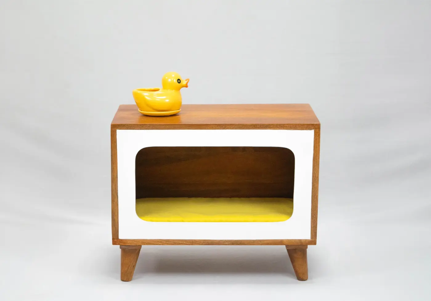 Telly Side cabinet in honey finish with yellow fabric