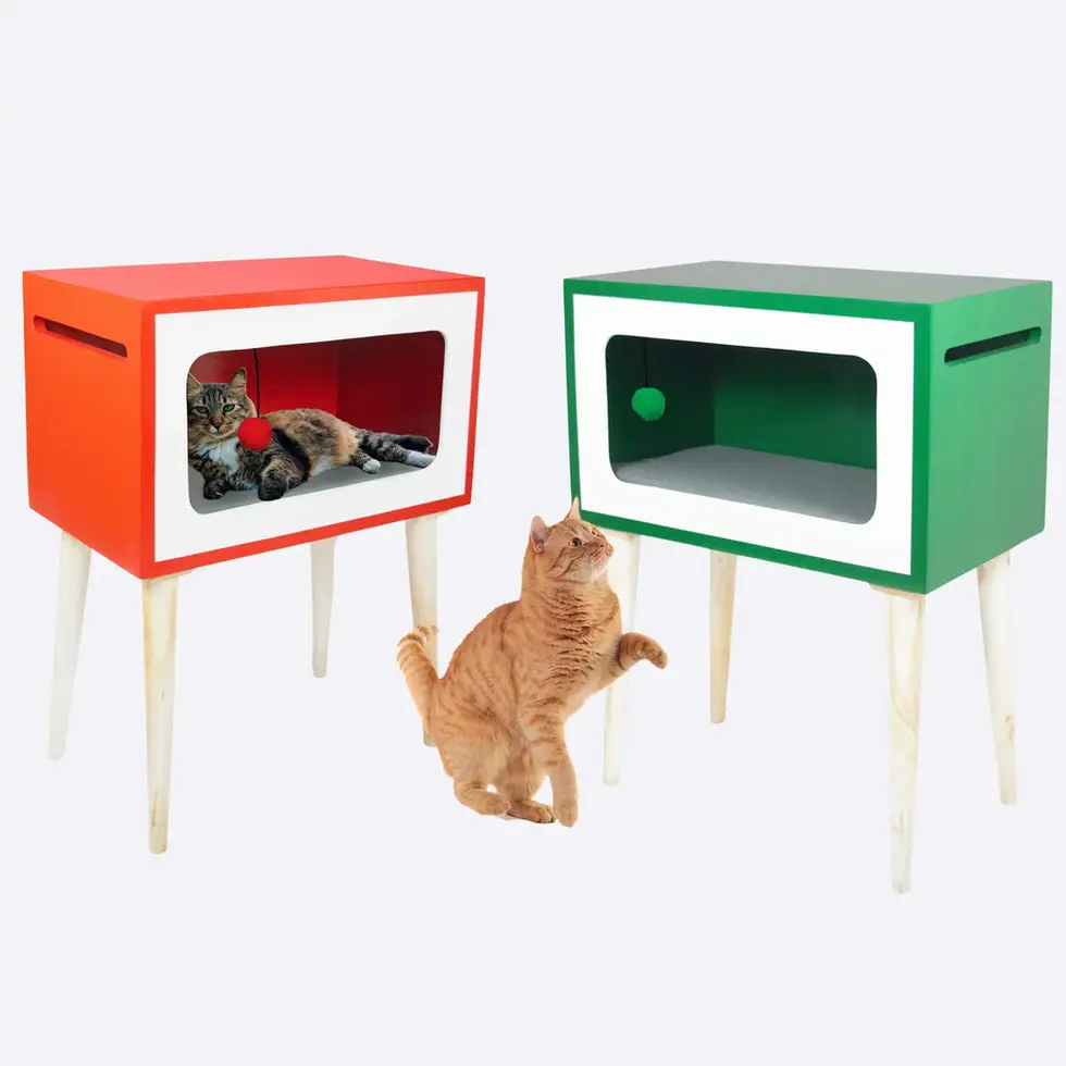 Telly tall in red and green color solid wood side table for cats