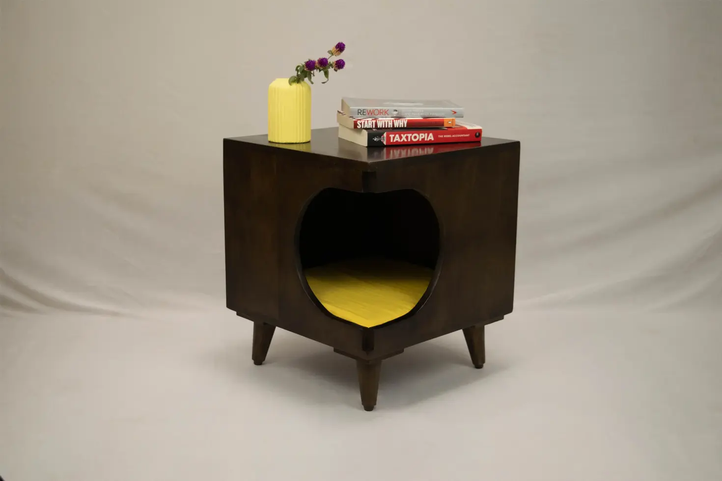 Wally side table with yellow cushion in brown finish