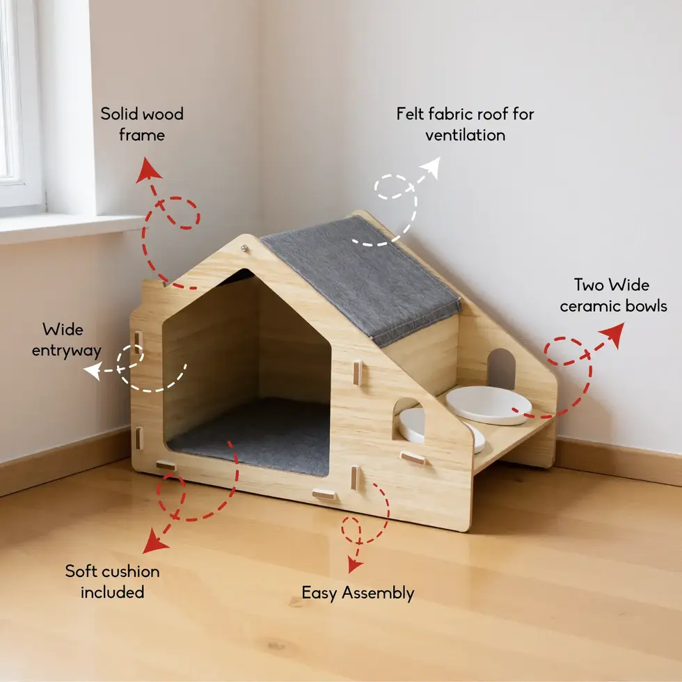 Furryliving Lara cat dog house kitten wooden diy playing lounging feeder elevated diner