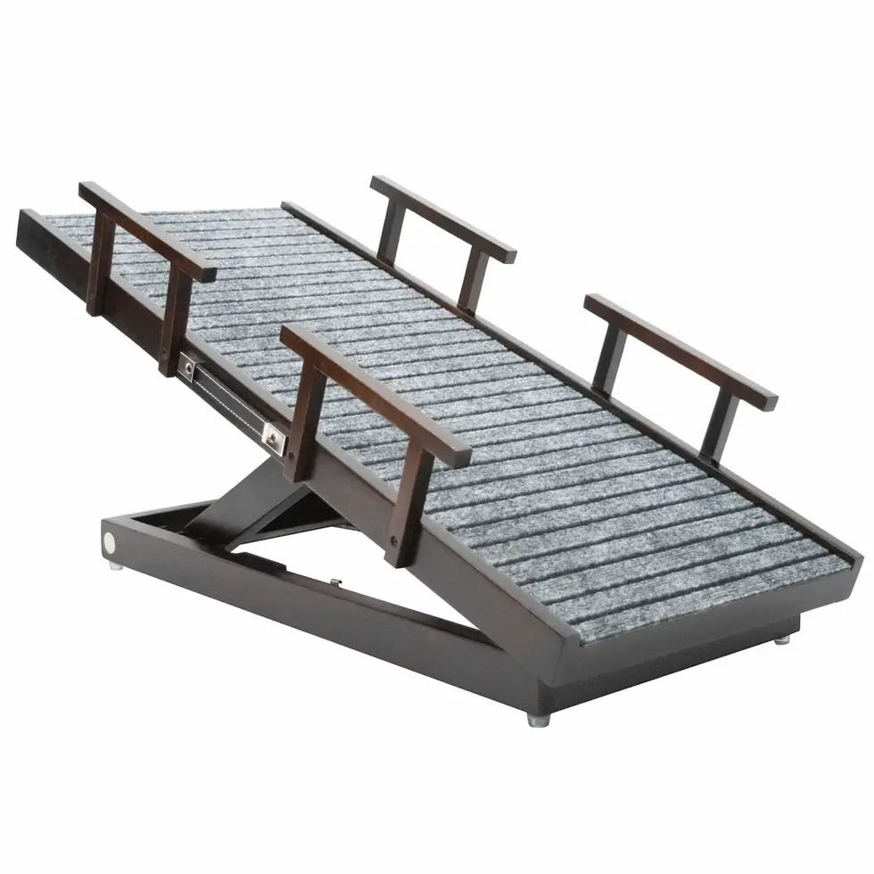 pet ramp with rails solid wood foldable and adjustable for dogs and cats