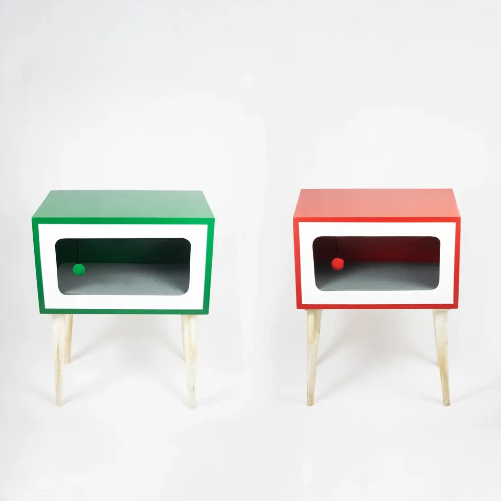 Telly tall in red and green color solid wood side table for cats side by side