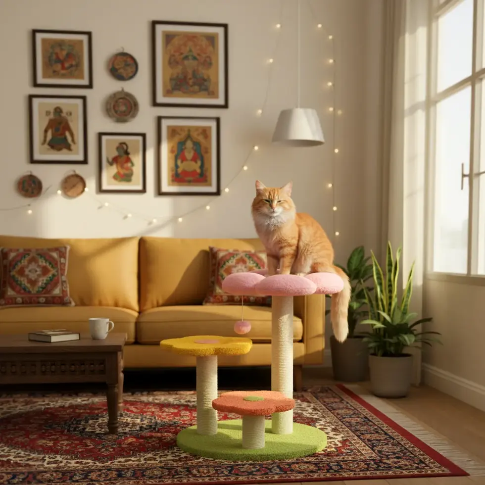 Daisy cat tree flower for kittens and feline pink yellow and orange aesthetic design